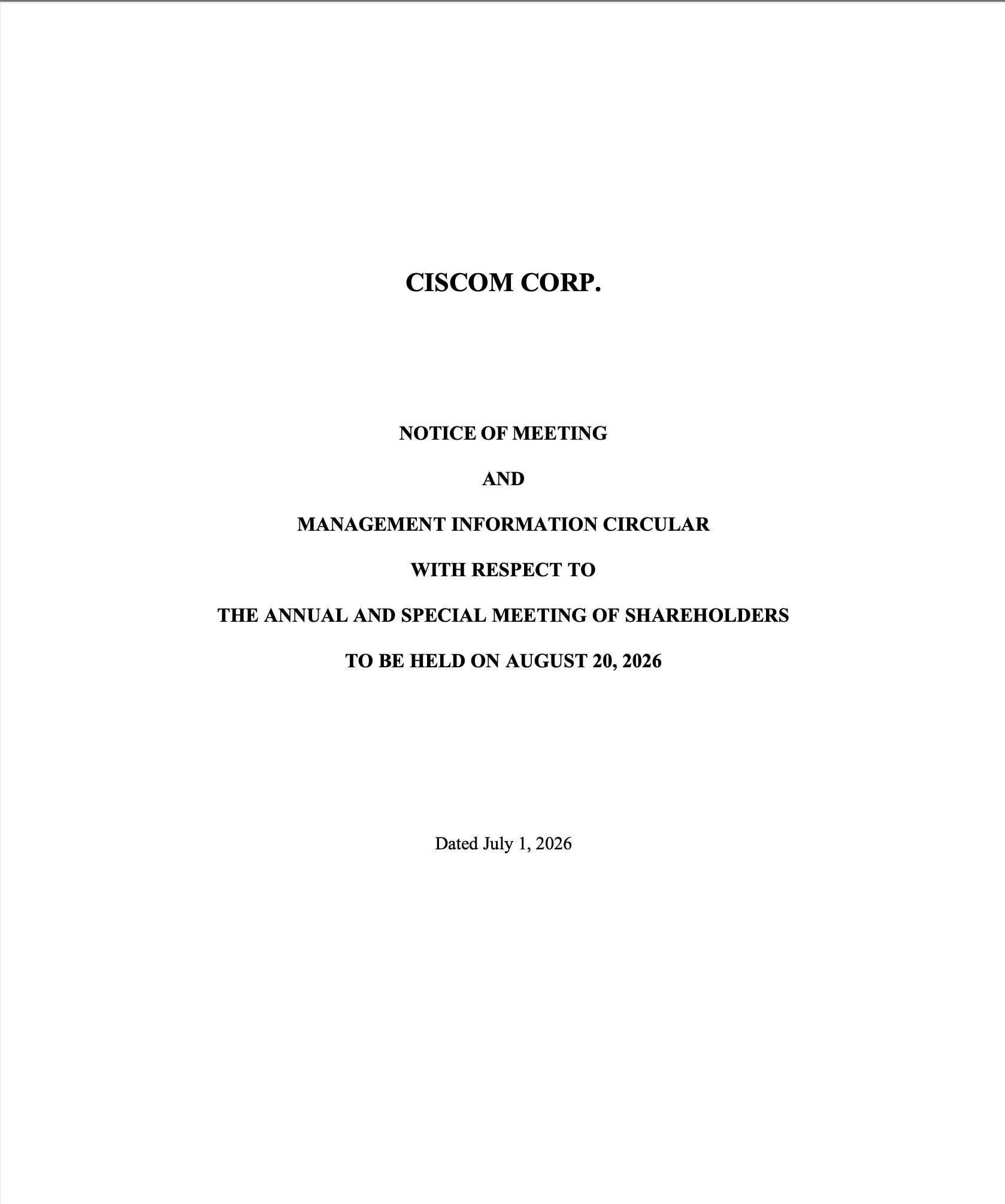 Ciscom Corp CSE - CISC OTCQB - CISCF - 2026 AGSM MIC pg 1